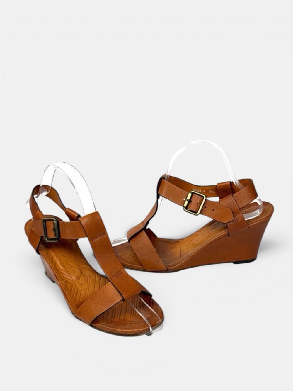 CHIE MIHARA Wedge High Heels Sandals Cognac Leather T-strap size 36,5 US 6,5